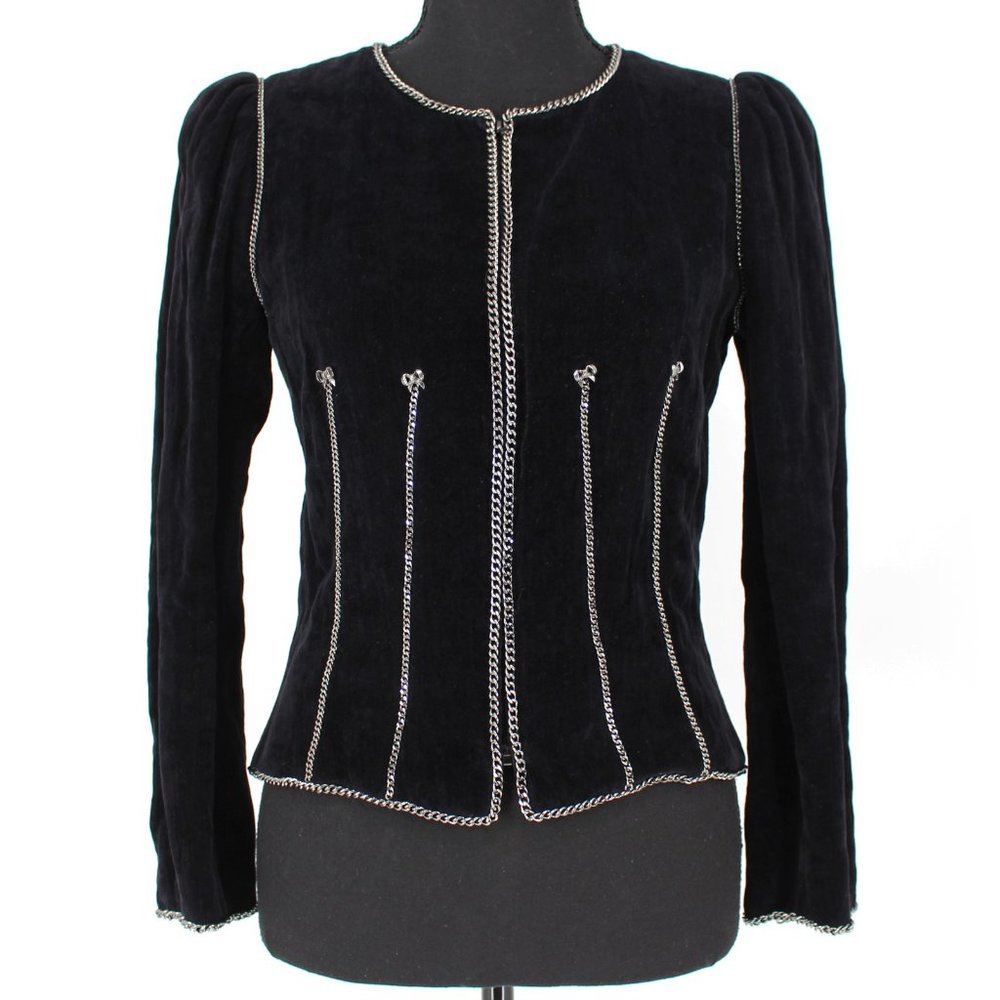 CHANEL 2006 Black Velvet Zip Jacket Pewter Metal Chain Link Trim Bows XS Small